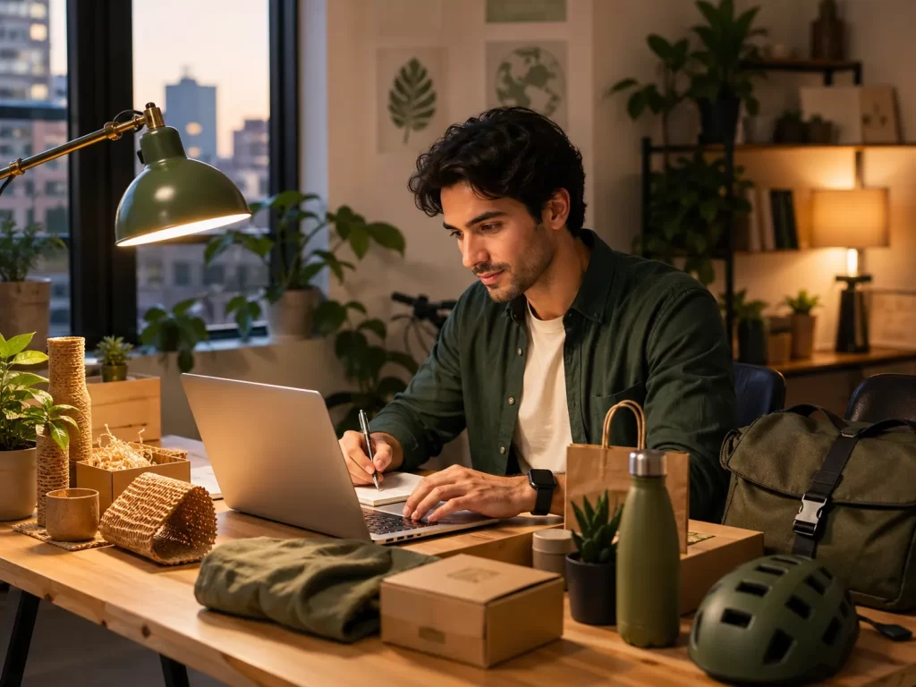 Een jonge professional werkt ’s avonds thuis aan een groen bijbedrijf met herbruikbare materialen en duurzame verpakkingen.