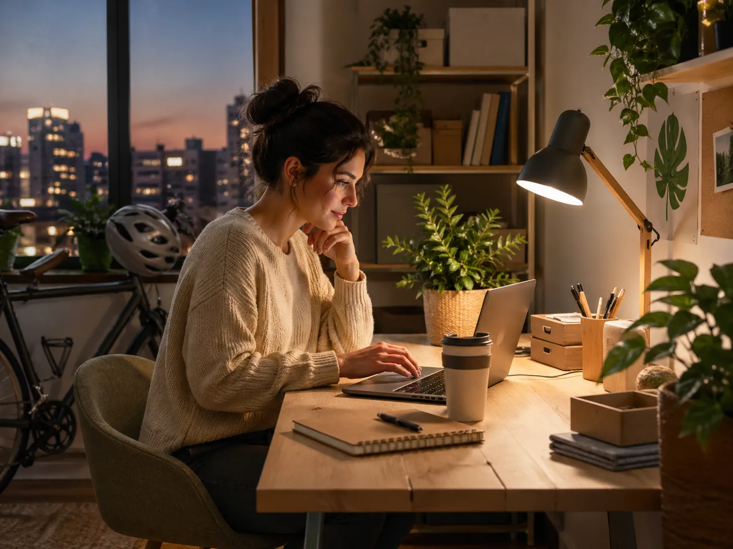 Een zelfstandige werkt ’s avonds aan een groen en bewust bedrijfsidee vanuit een rustige thuiswerkplek.