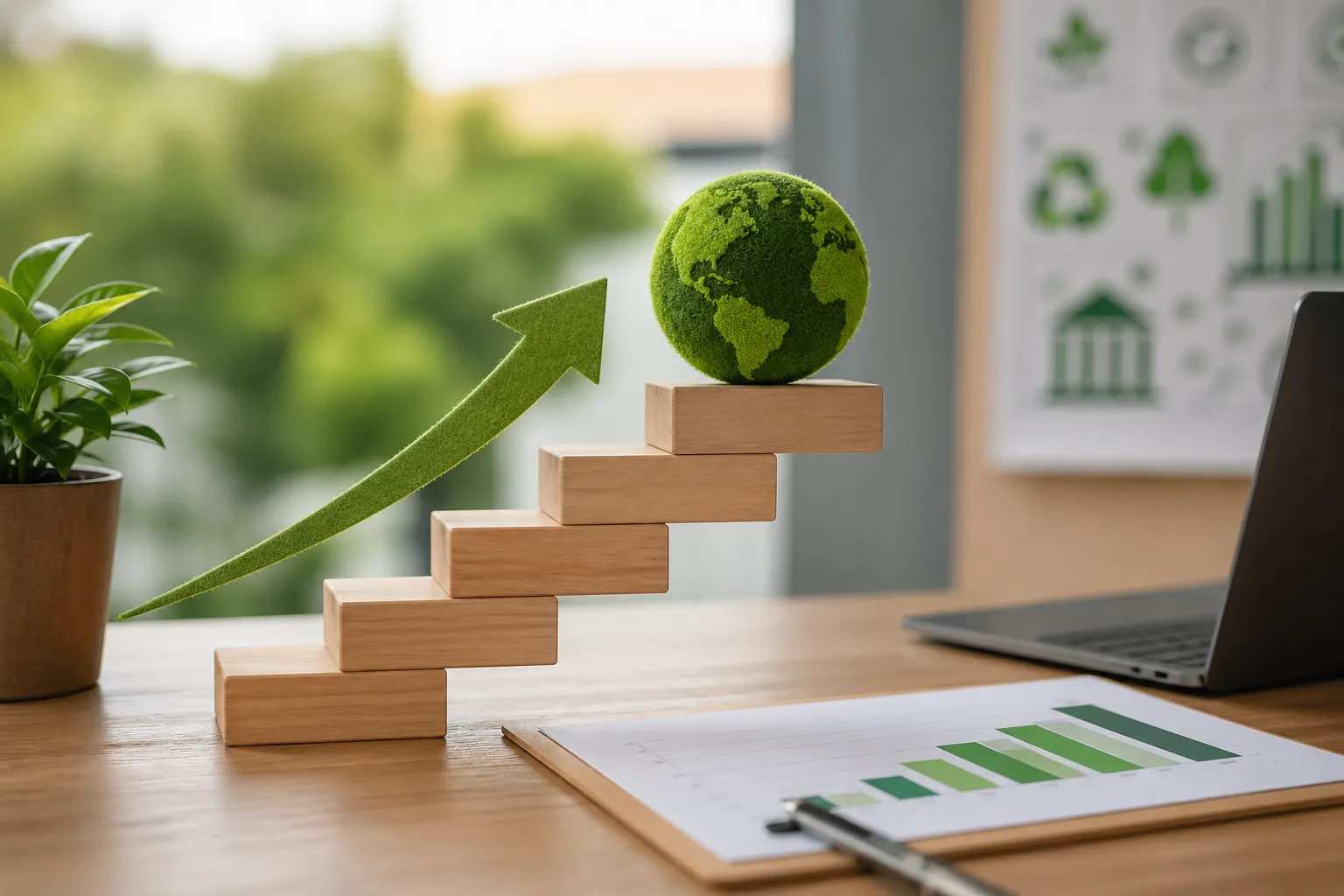 Een moderne werkplek met groene elementen, symbool voor duurzame groei en toekomstgericht ondernemen.