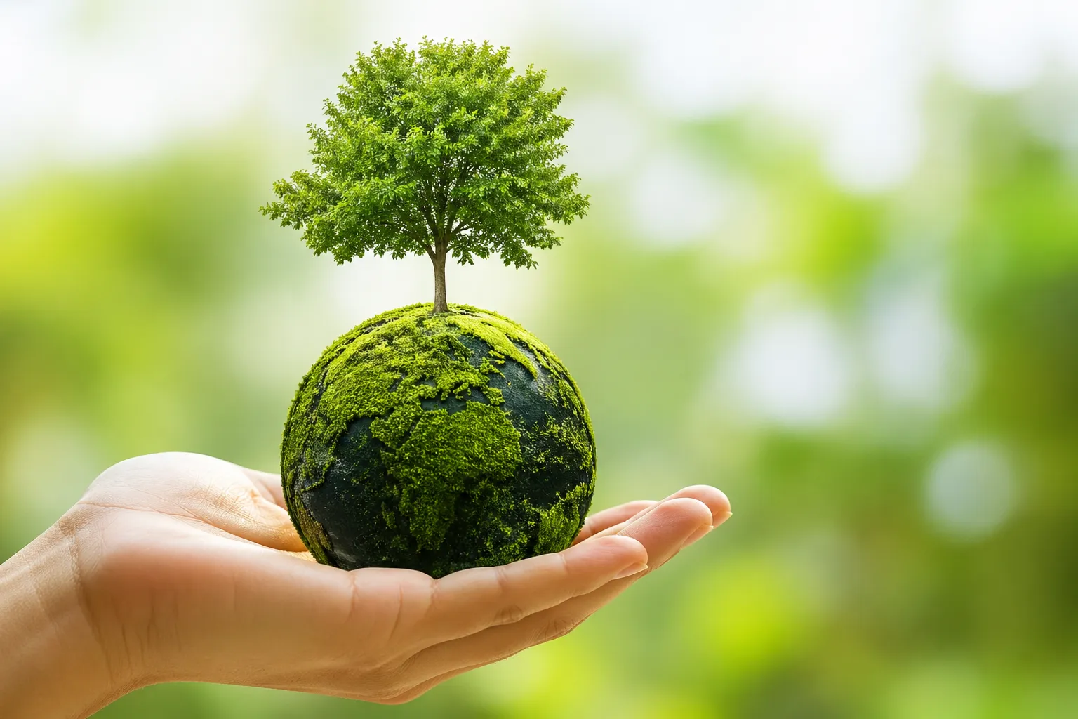 Een groene wereld in zorgzame handen, symbool voor duurzaamheid en verantwoord ondernemen.