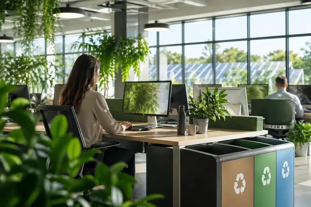 Een groene, moderne werkplek met veel daglicht, planten en recycling voor duurzamere dagelijkse bedrijfsprocessen.