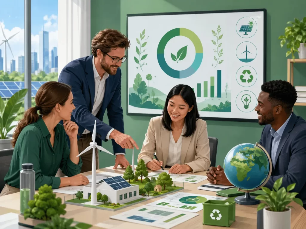 Team bespreekt meetbare duurzaamheidsdoelen met groene energie, recycling en milieuvriendelijke oplossingen.