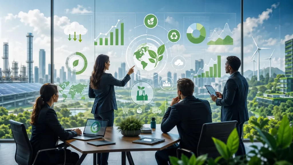 Een modern bedrijfsteam analyseert duurzaamheidsdata om inzicht te krijgen in milieuprestaties, energieverbruik en groene groei.