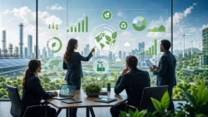 Een modern bedrijfsteam analyseert duurzaamheidsdata om inzicht te krijgen in milieuprestaties, energieverbruik en groene groei.
