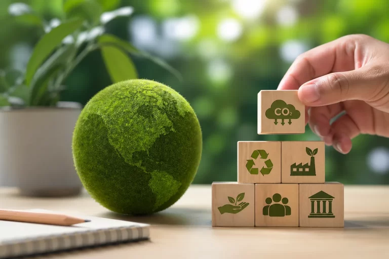 Home Een duurzame ondernemer analyseert bedrijfsimpact en klimaatdoelen.