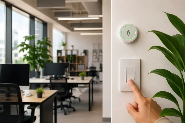Home Een modern kantoor met slimme verlichting en groene details, gericht op energiebewust werken.