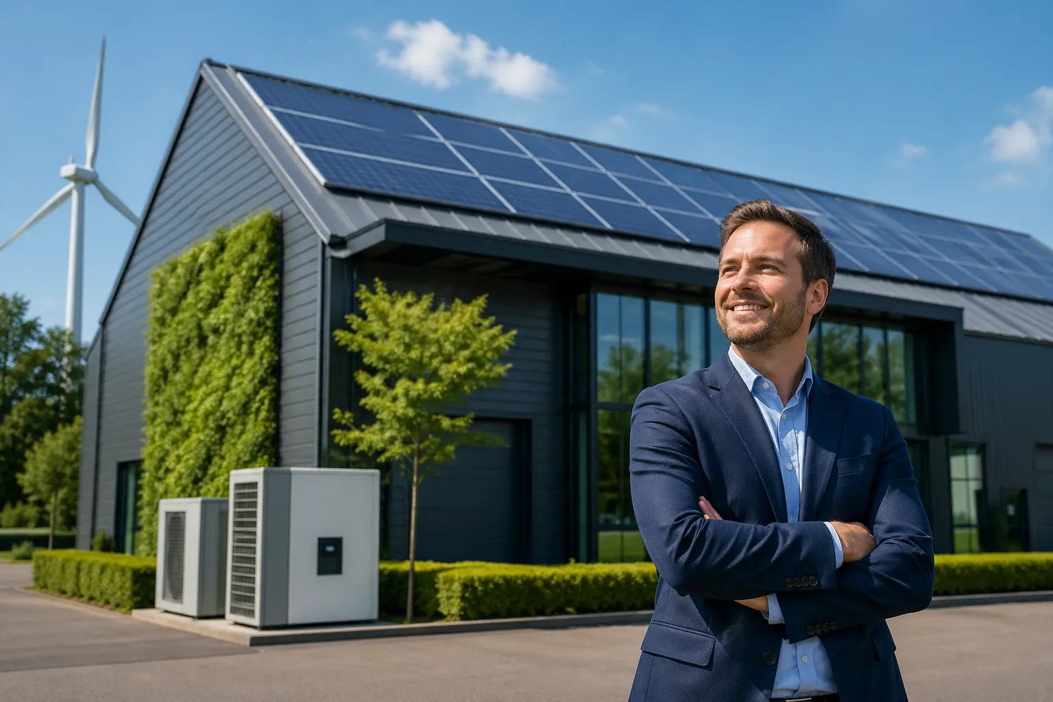 Een ondernemer bij een modern bedrijfspand met zonnepanelen, warmtepompen en groene energievoorzieningen.