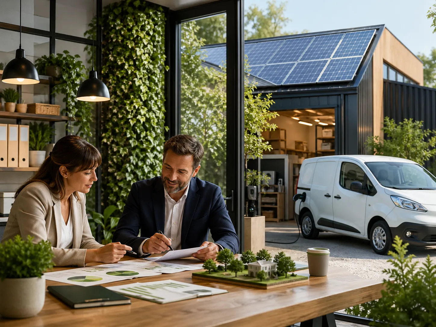 Een moderne ondernemer bespreekt groene financiering voor duurzame bedrijfsinvesteringen, met zonnepanelen en elektrisch vervoer op de achtergrond.