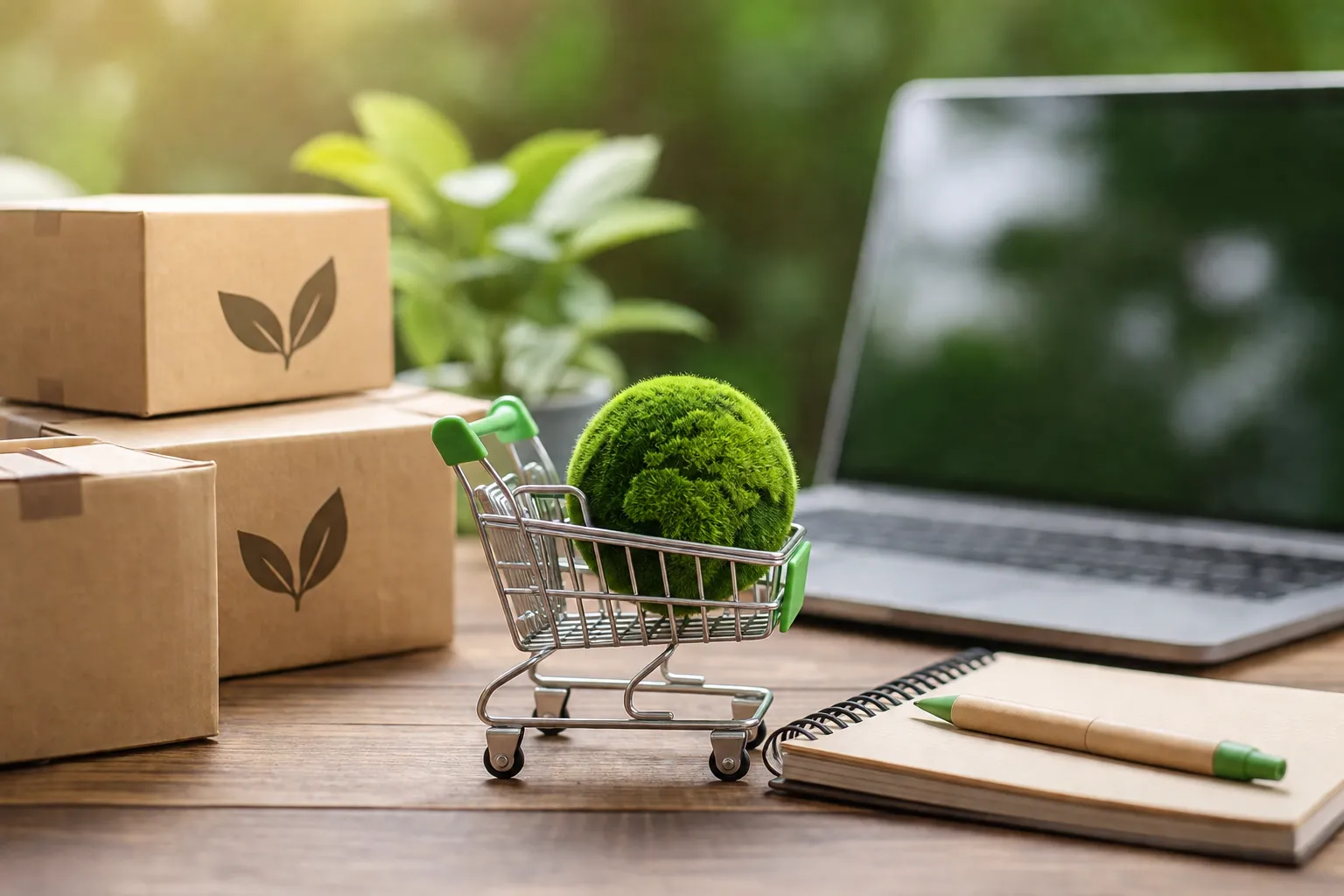 Een moderne zakelijke scène waarin bewuste keuzes, groene oplossingen en verantwoord inkopen centraal staan.