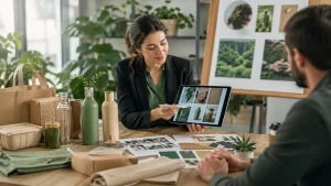 Beroemdheden Ondernemers bespreken milieuvriendelijke producten en verpakkingen voor een duurzame samenwerking.