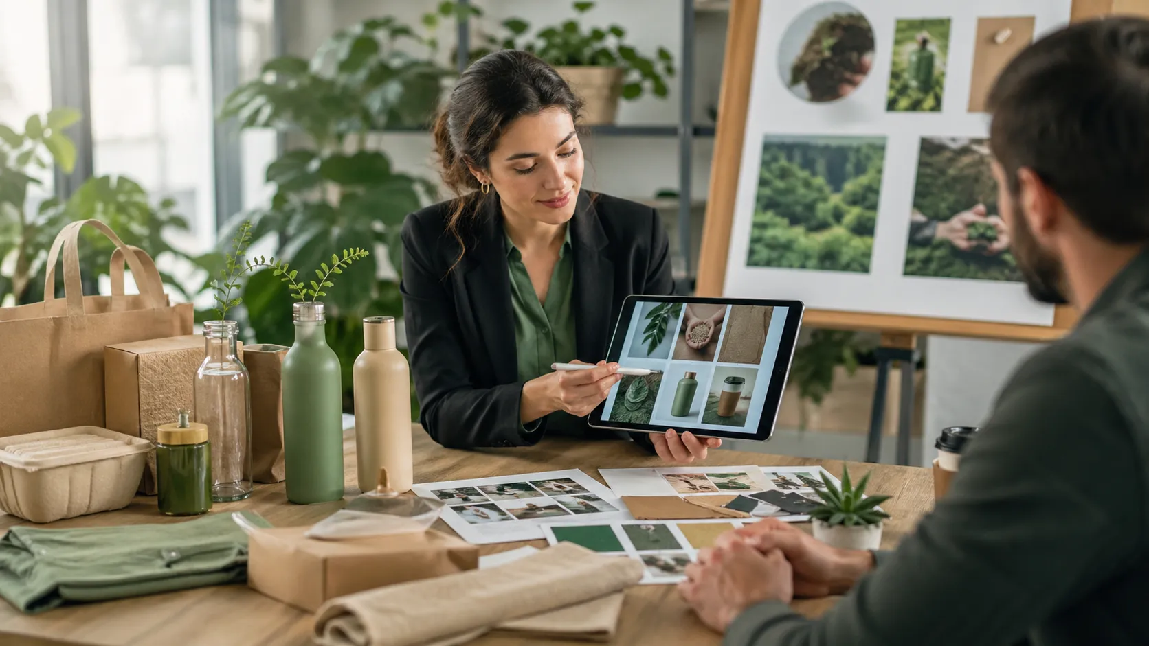 Ondernemers bespreken milieuvriendelijke producten en verpakkingen voor een duurzame samenwerking.