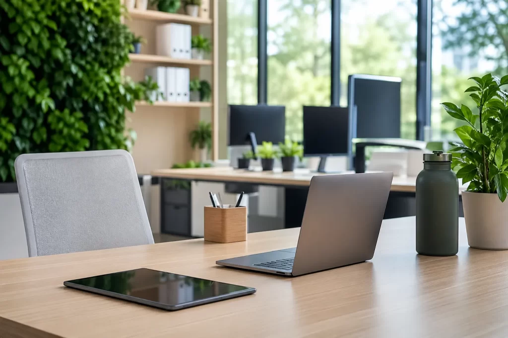 Een moderne, duurzame werkplek met digitale tools, natuurlijke lichtinval en veel groen.