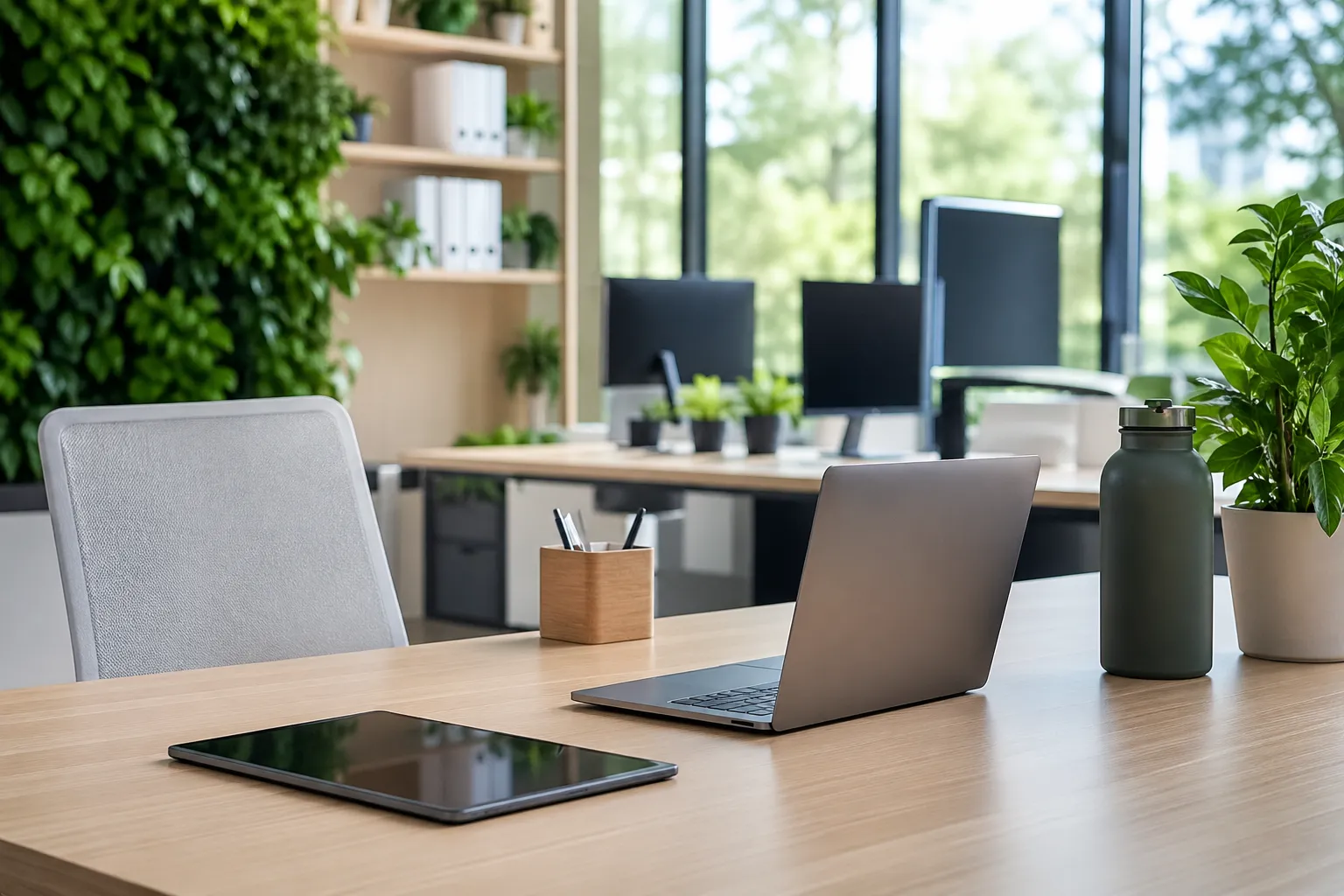 Een moderne, duurzame werkplek met digitale tools, natuurlijke lichtinval en veel groen.