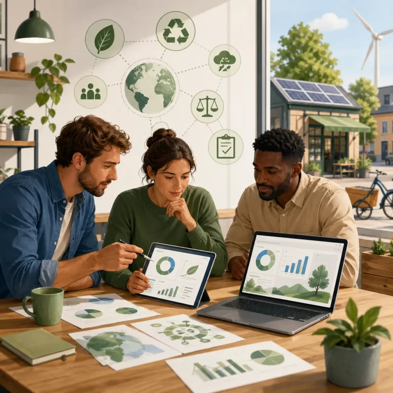 Home Kleine ondernemers bespreken duurzaamheidsdata en groene bedrijfskeuzes in een moderne werkomgeving.