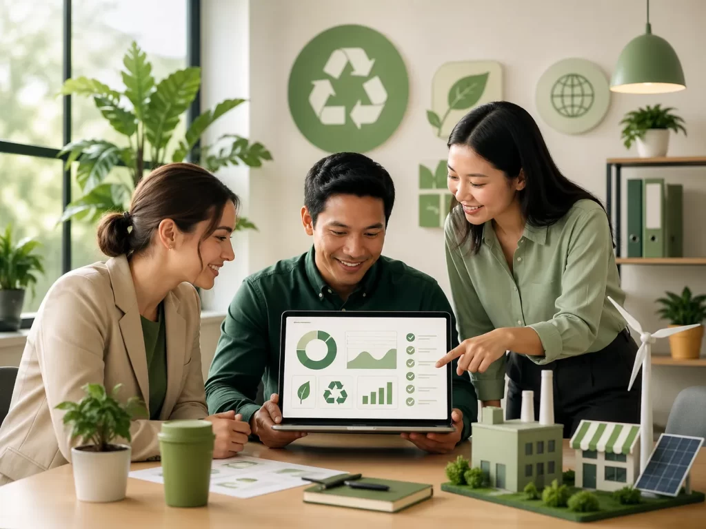 Een modern mkb-team bespreekt eenvoudige duurzaamheidsstappen met groene rapportage, planten en energiezuinige oplossingen.